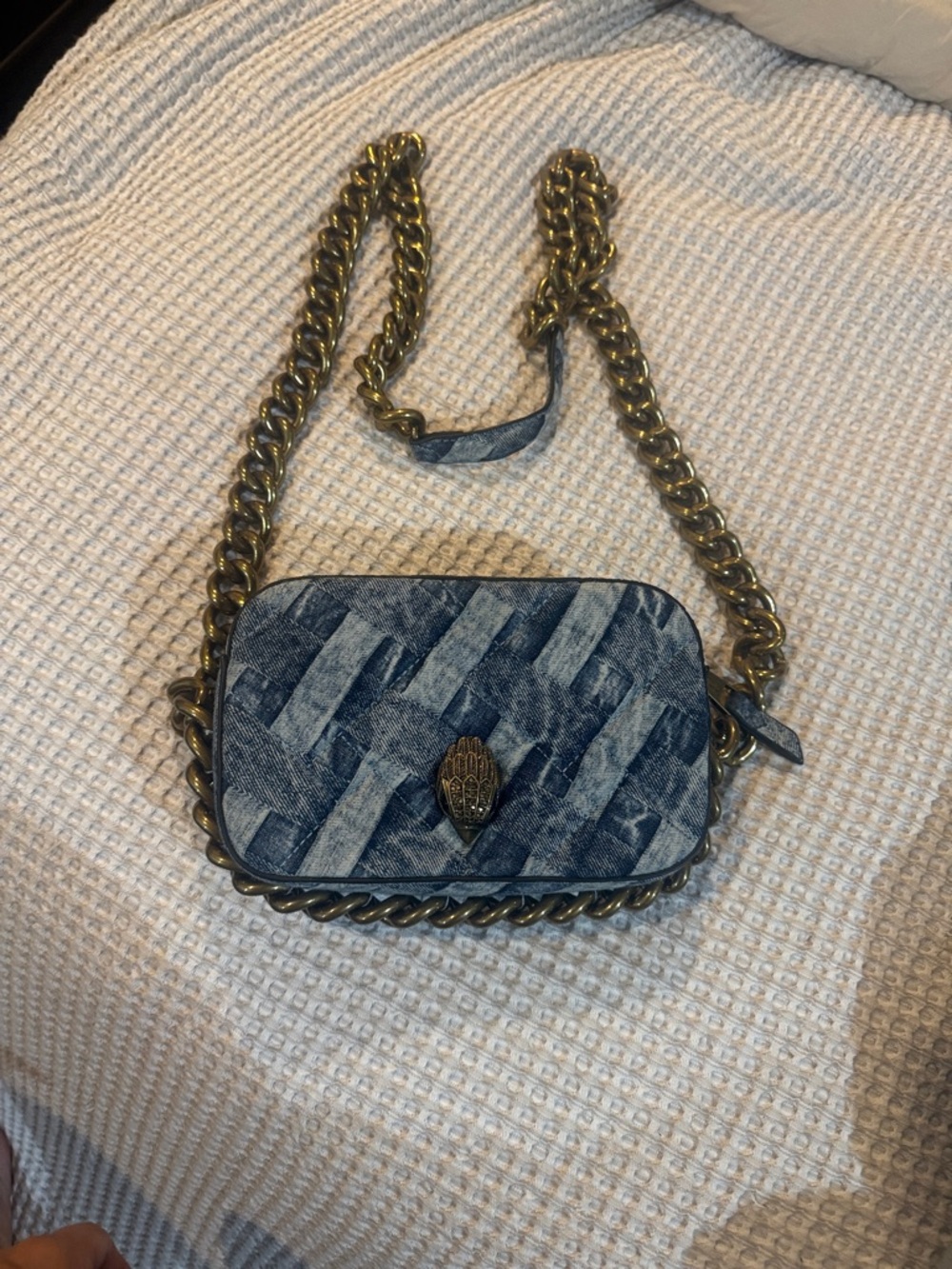 Kurt Geiger Denim-Pattern Crossbody Bag with Antique Gold Chain Strap